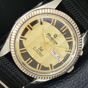 Vintage 1976 Ricoh Automatic Mens Silver Watch W/daydate & Gold accents